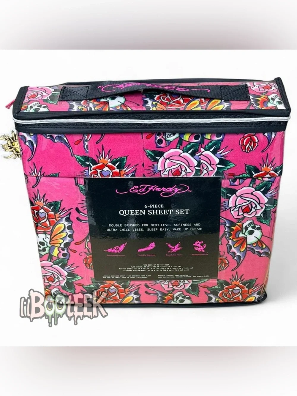 Ed Hardy QUEEN Pink Butterfly Rose Tattoo 6 Piece Sheet Set NEW VIRAL Y2K